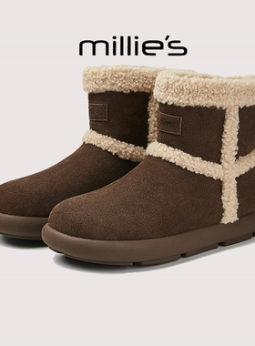 millies妙丽短靴圆头厚底高级感磨砂牛皮加绒雪地靴女瘦瘦靴冬季