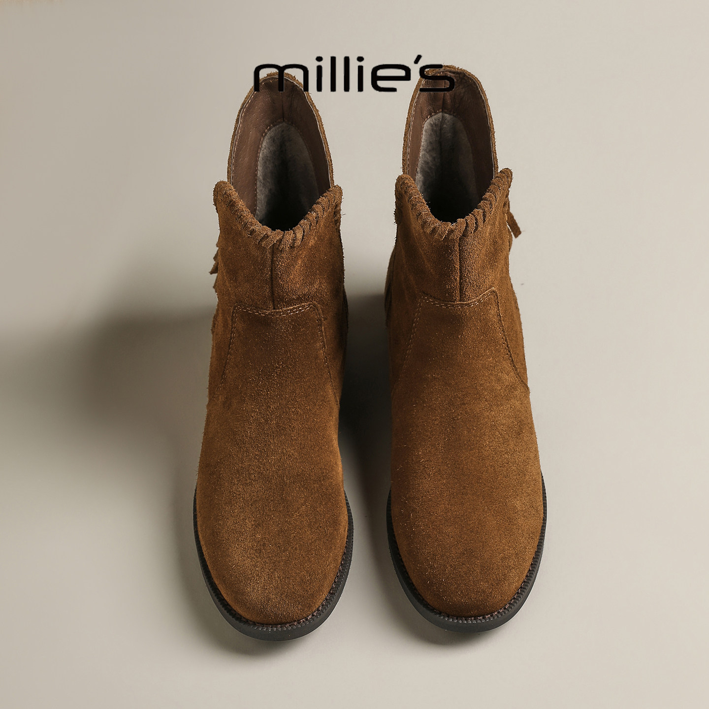 MILLIE'S/妙丽2026新款流苏磨砂皮欧美风加绒保暖厚底巨好看女靴Q