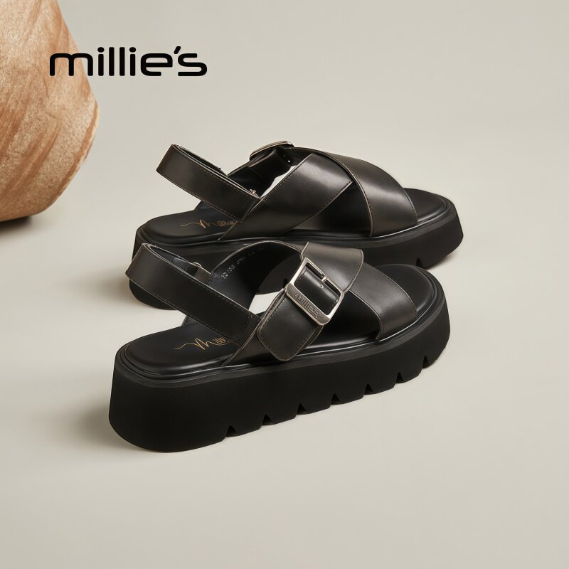 MILLIE'S/妙丽圆头厚底黑色复古做旧交叉皮带扣设计时尚潮流凉鞋