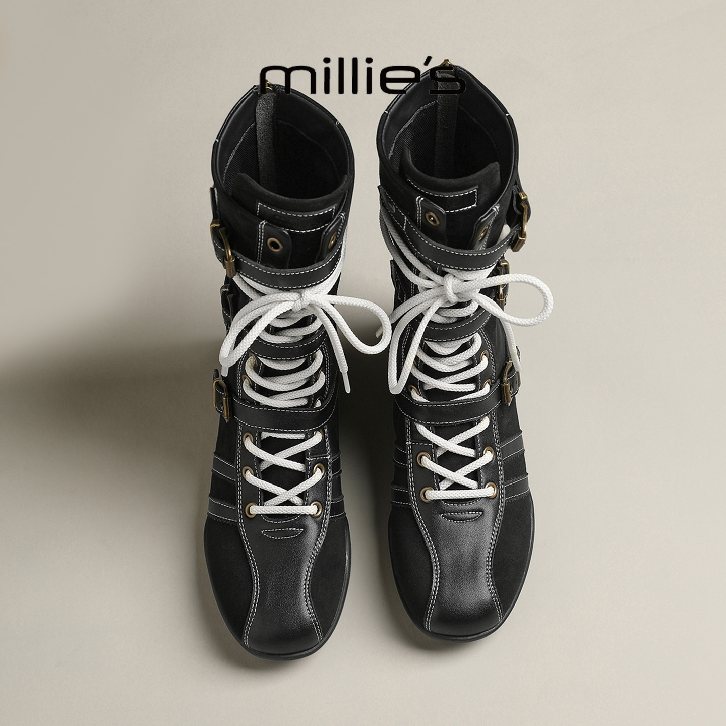 MILLIE'S/妙丽2025新款马丁靴女英伦风黑色超火内增高小个子女靴