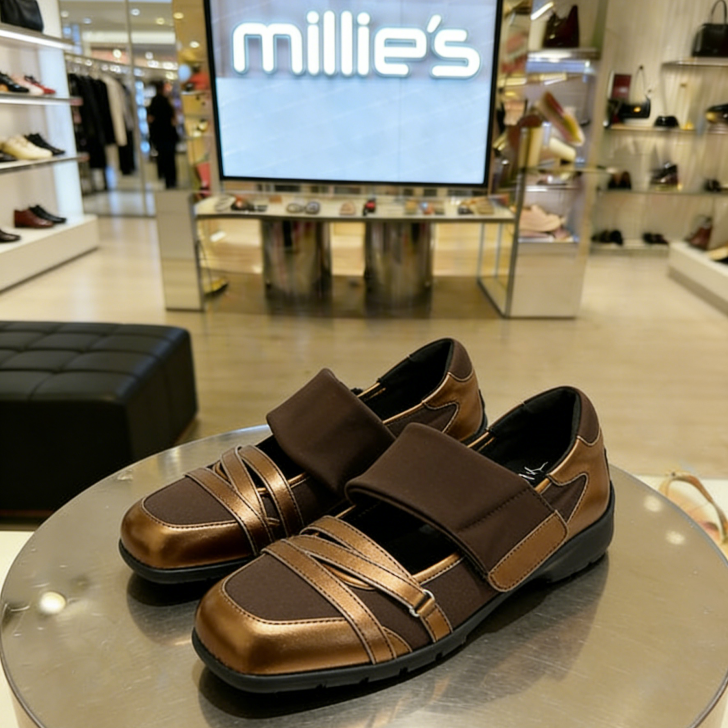 MILLIE'S/妙丽真皮法式玛丽珍鞋女低跟方头拼色魔术贴单鞋专柜款