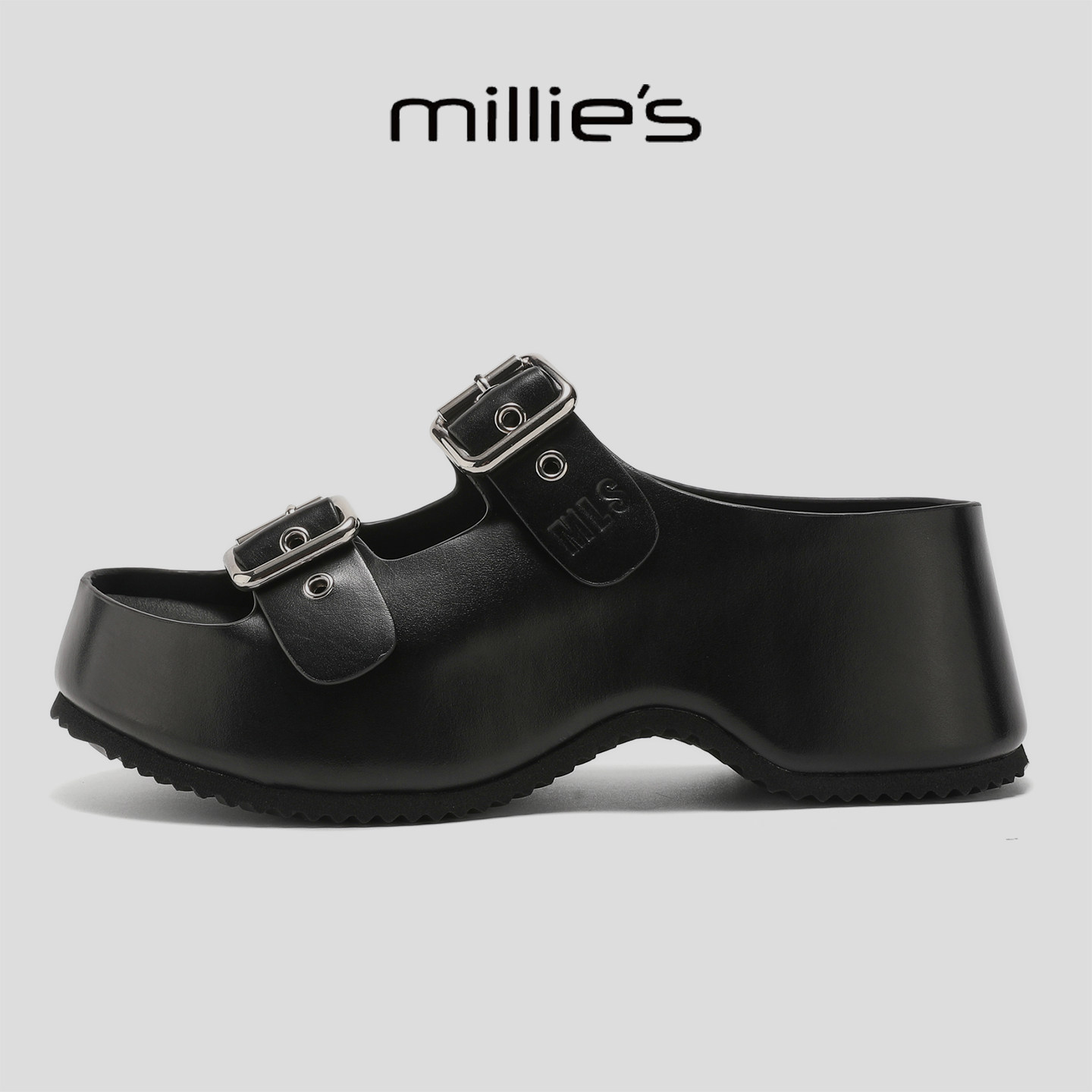 MILLIE'S/妙丽夏季黑色双扣带厚底凉拖鞋女一脚蹬懒人舒适不累脚