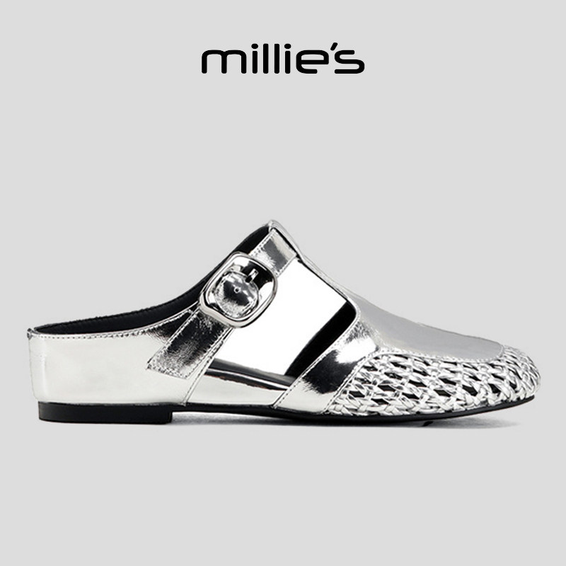MILLIE'S/妙丽方头平底银色复古精致优雅懒人百搭时尚休闲拖鞋,女鞋,休闲凉鞋,淘宝优惠券,粉丝福利购,淘宝优惠卷