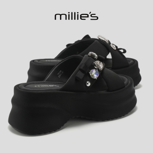 MILLIE'S/妙丽2026时尚水钻厚底拖鞋女黑色增高外穿凉鞋夏季防滑