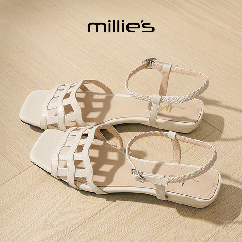 MILLIE'S/妙丽方头平底复古镂空高颜值小众设计感时尚休闲凉鞋女