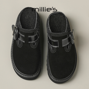 MILLIE'S/妙丽2025新款冬季英伦风半包勃肯鞋女加绒加厚户外拖鞋