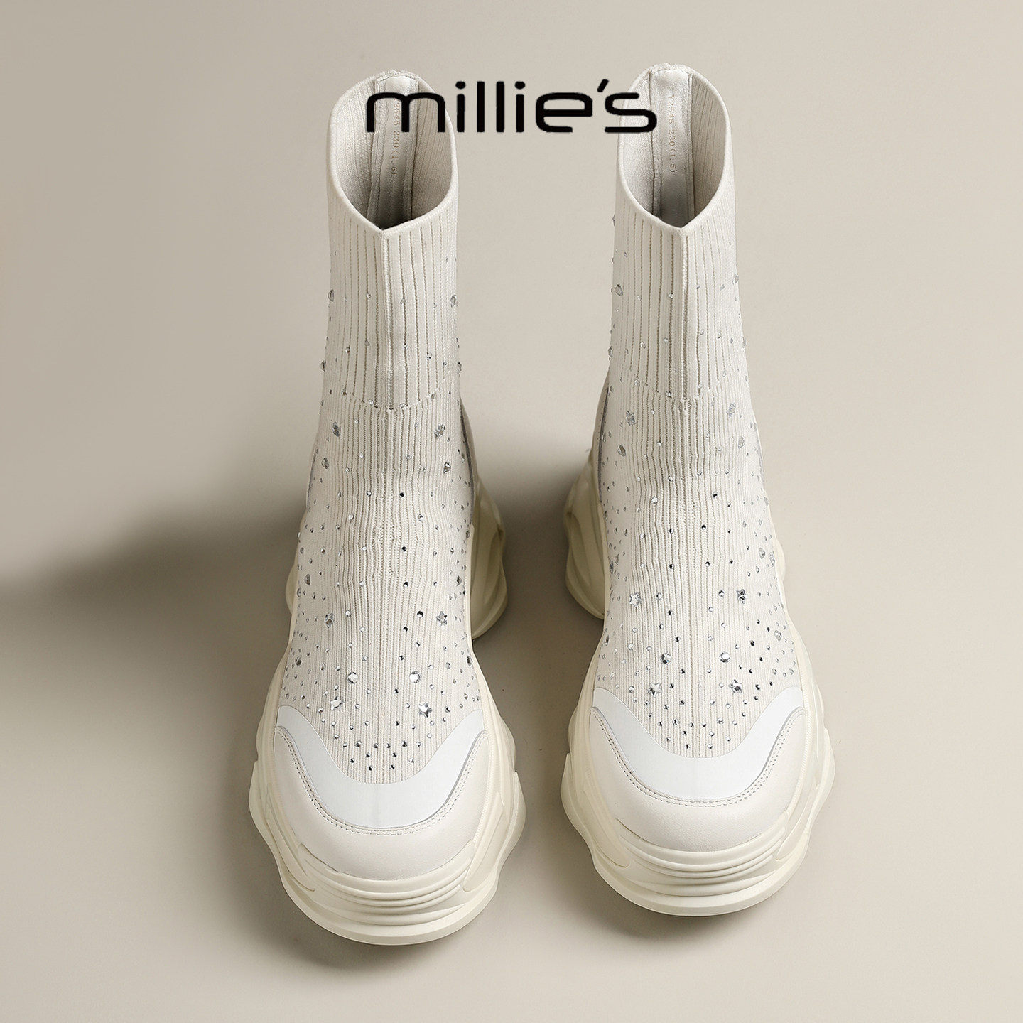 MILLIE'S/妙丽2025新款水钻星空时尚时装靴轻奢小众白色套脚短靴,女鞋,骑士靴,淘宝优惠券,粉丝福利购,淘宝优惠卷