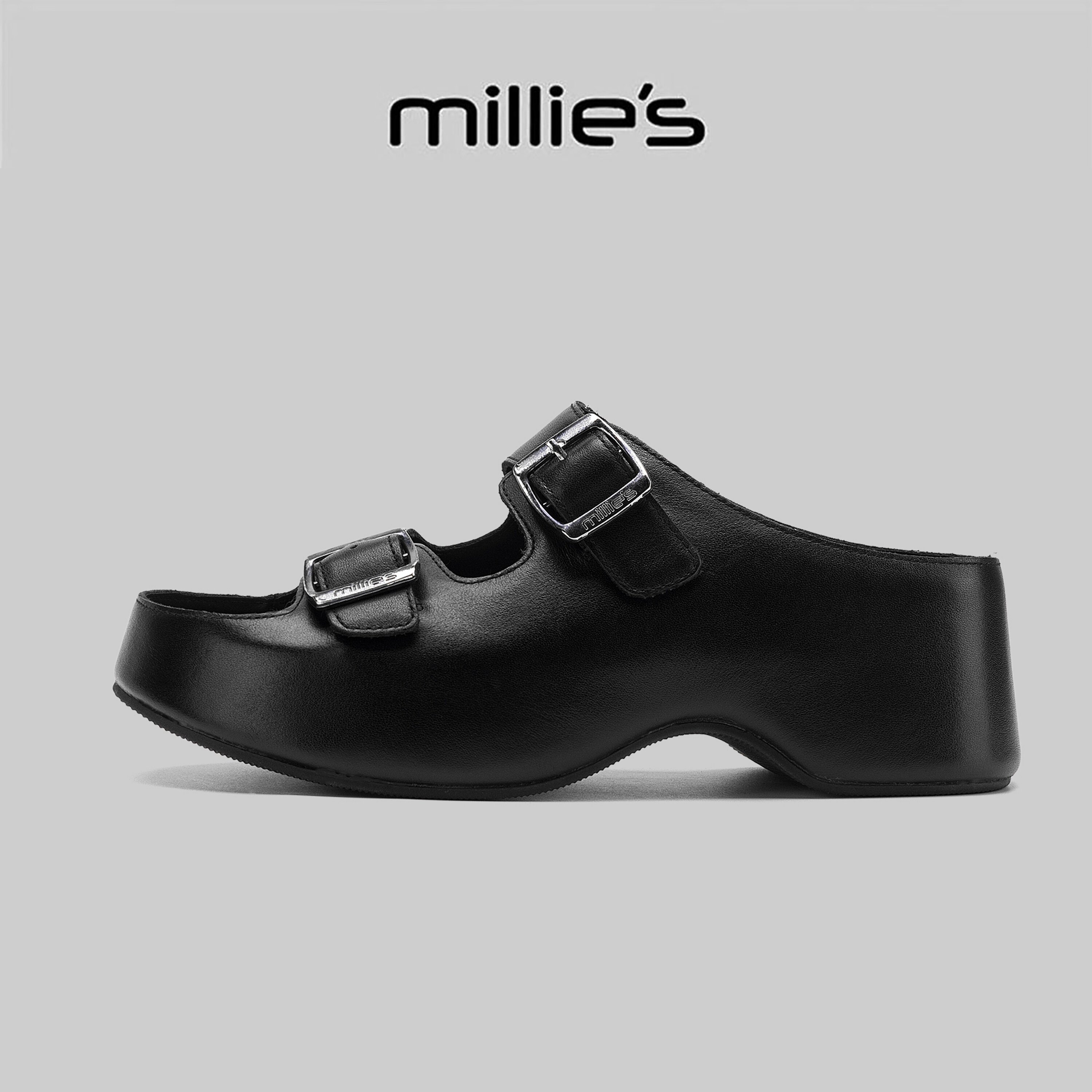 MILLIE'S/妙丽黑色双扣带厚底一字拖鞋女夏季舒适不累脚懒人凉拖