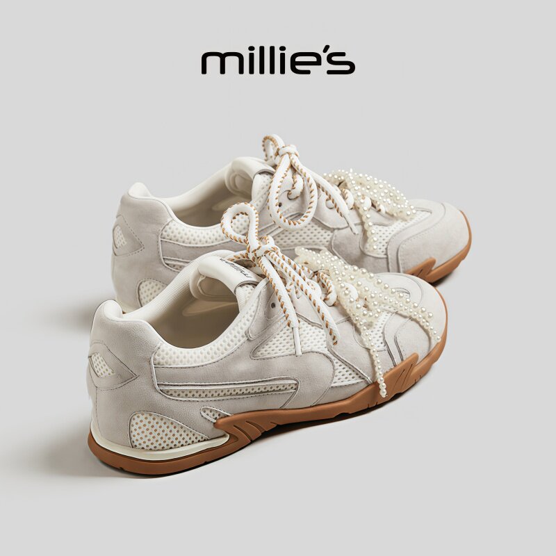 MILLIE'S/妙丽圆头平底珍珠系带设计感轻奢简约运动休闲板鞋女,女鞋,德训鞋,淘宝优惠券,粉丝福利购,淘宝优惠卷