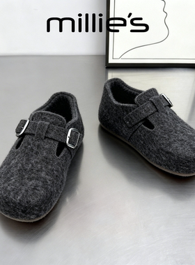 MILLIE'S/妙丽加绒勃肯鞋女灰色毛毛鞋平底魔术贴保暖棉鞋毛绒鞋