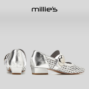 MILLIE'S/妙丽圆头低跟金属搭扣装饰复古网状休闲优雅浅口单鞋