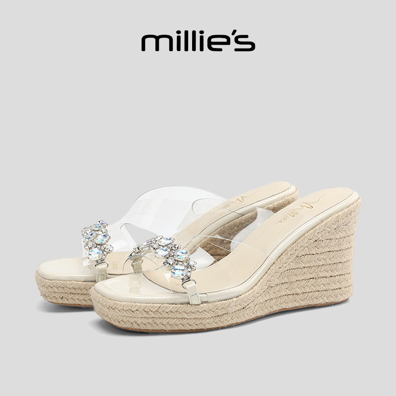 MILLIE'S/妙丽方头松糕底水钻镶嵌高级设计感轻便气质时尚一字拖