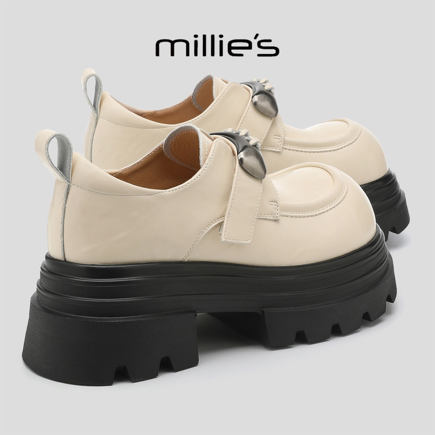 MILLIE'S/妙丽复古风厚底真皮乐福鞋女新款米色豆豆鞋休闲单鞋,女鞋,乐福鞋（豆豆鞋）,淘宝优惠券,粉丝福利购,淘宝优惠卷