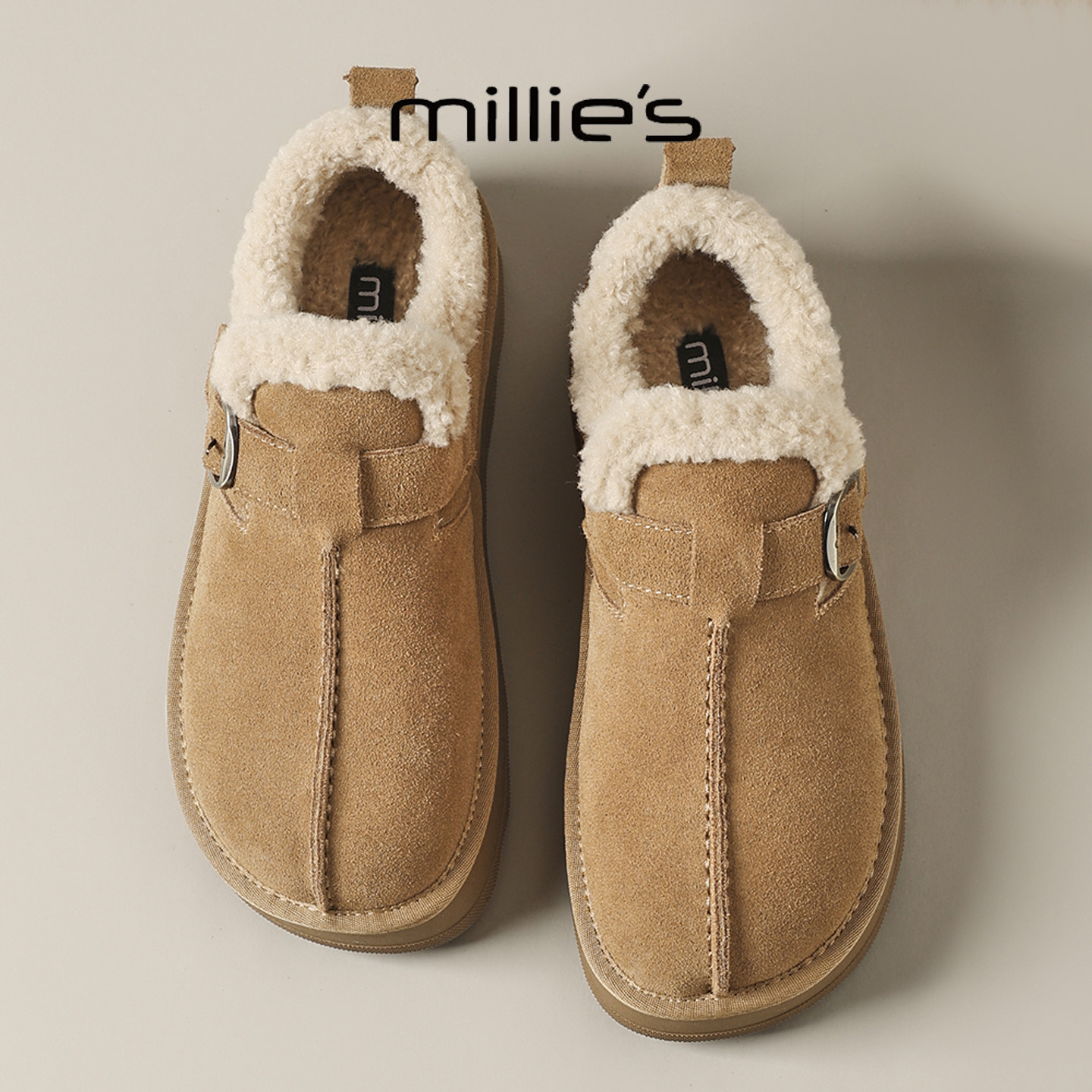 MILLIE'S/妙丽时尚搭扣毛绒雪地靴女2026春季新款加绒保暖勃肯鞋,女鞋,棉鞋,淘宝优惠券,粉丝福利购,淘宝优惠卷