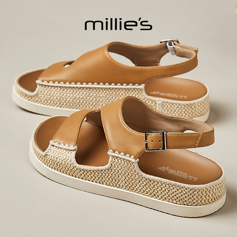 MILLIE'S妙丽编织厚底凉鞋女夏一字扣带露趾百搭休闲鞋