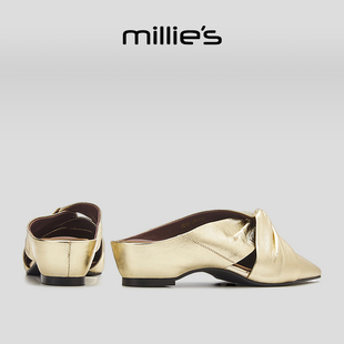 MILLIE'S/妙丽尖头平底女鞋金色包头设计配裙优雅休闲女夏季拖鞋