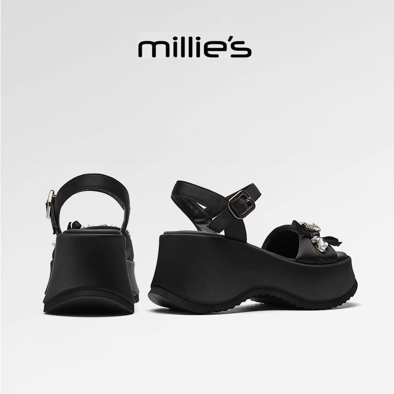 MILLIE'S/妙丽黑色厚底一字凉鞋女水钻蝴蝶结露趾百搭休闲罗马鞋