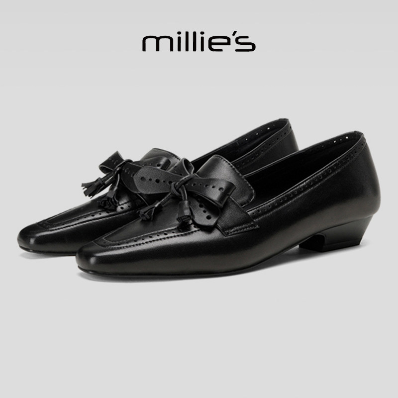 MILLIE'S/妙丽2025新款蝴蝶结浅口单鞋女平底鞋真皮尖头低跟单鞋,女鞋,浅口单鞋,淘宝优惠券,粉丝福利购,淘宝优惠卷