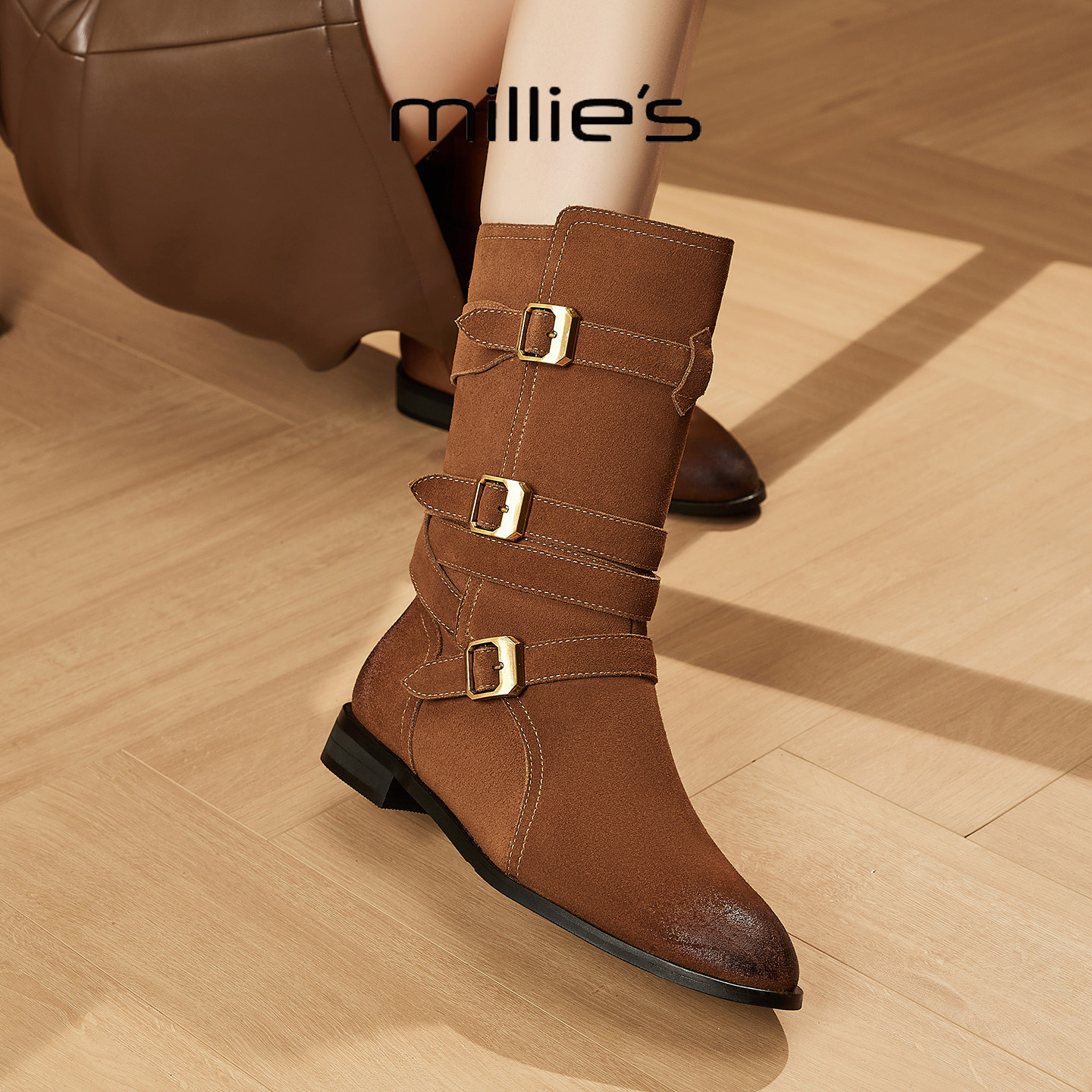 MILLIE'S/妙丽2025新款复古西部靴女粗跟中跟牛仔中筒靴复古,女鞋,时尚雪地靴,淘宝优惠券,粉丝福利购,淘宝优惠卷