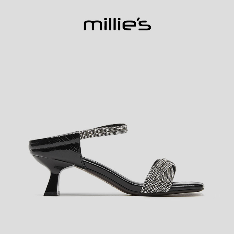 MILLIE'S/妙丽小方头酒杯跟一脚蹬潮流水钻拼接时尚气质简约凉鞋