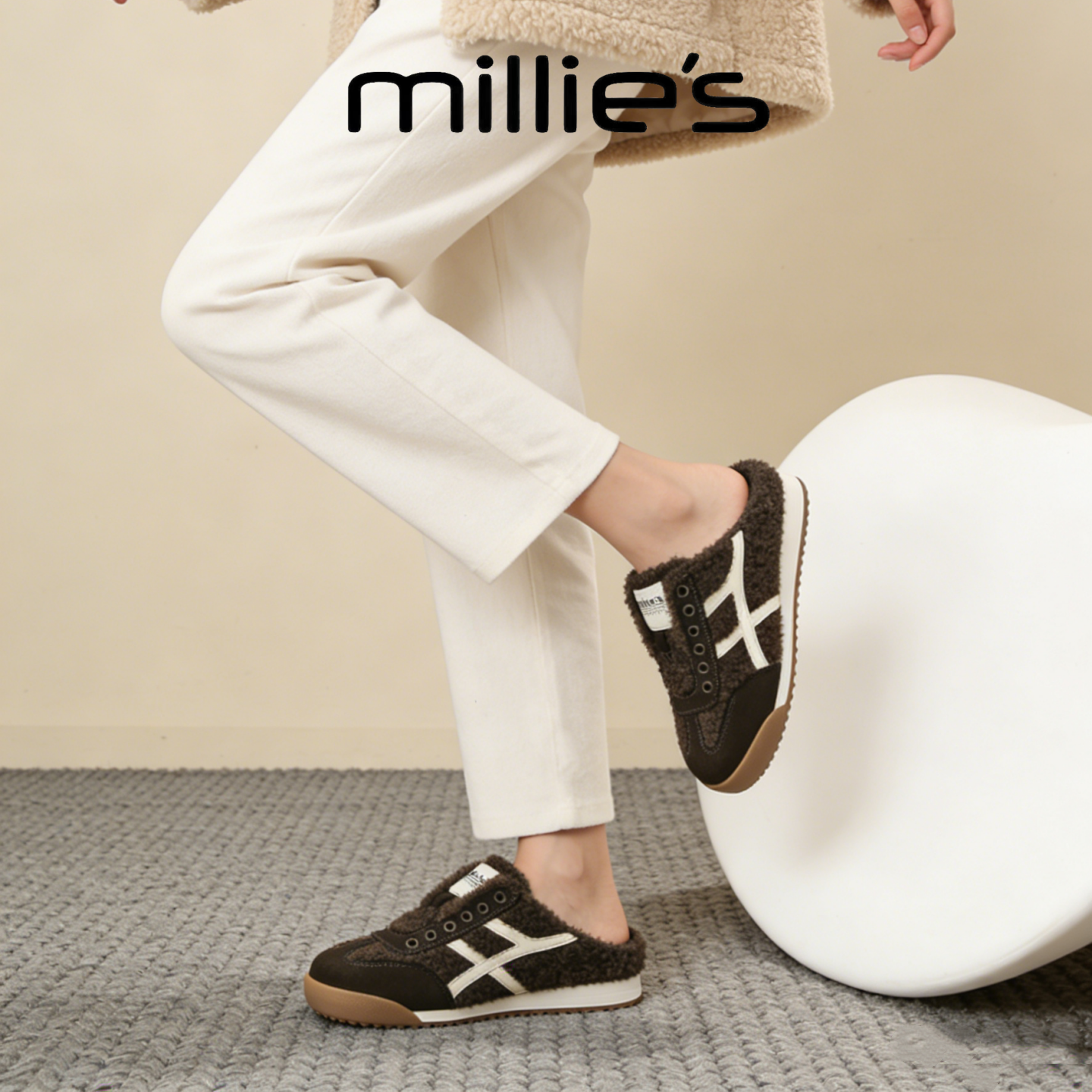 MILLIE'S/妙丽加绒保暖勃肯鞋女一脚蹬懒人毛毛鞋软底包头拖鞋