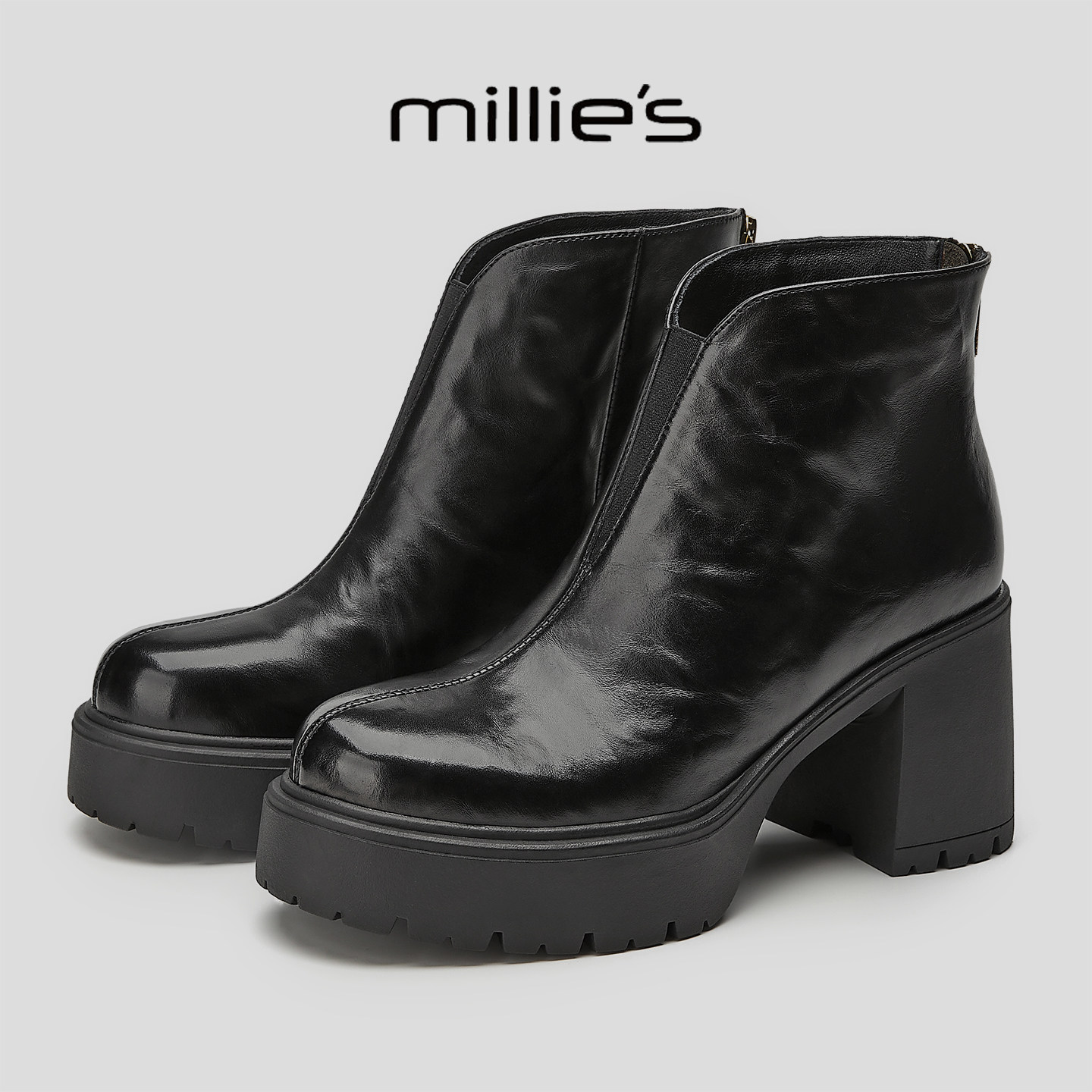 MILLIE'S/妙丽新款厚底增高小个子粗跟拉链时尚设计感女士马丁靴Q