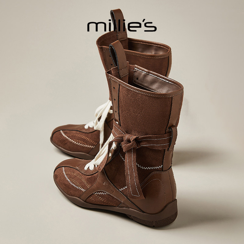 MILLIE'S/妙丽复古风休闲马丁靴舒适百搭日常中筒靴德训靴