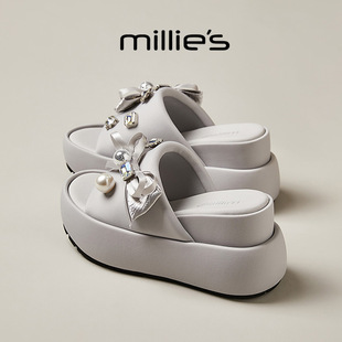 MILLIE'S/妙丽方头粗跟厚底水钻设计感时尚休闲百搭一字凉拖鞋女