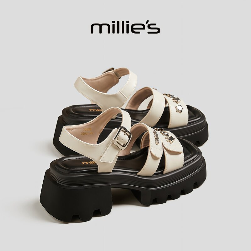 MILLIE'S/妙丽露趾厚底英伦风轻奢简约字母铆钉设计百搭休闲凉鞋