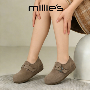 MILLIE'S/妙丽全包勃肯鞋女驼色反绒皮软底内增高休闲鞋百搭单鞋