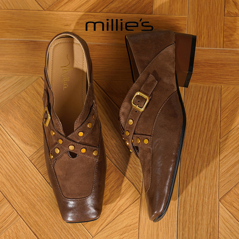 MILLIE'S/妙丽2026新款方头单鞋女粗跟小皮鞋时尚皮带扣深口中跟