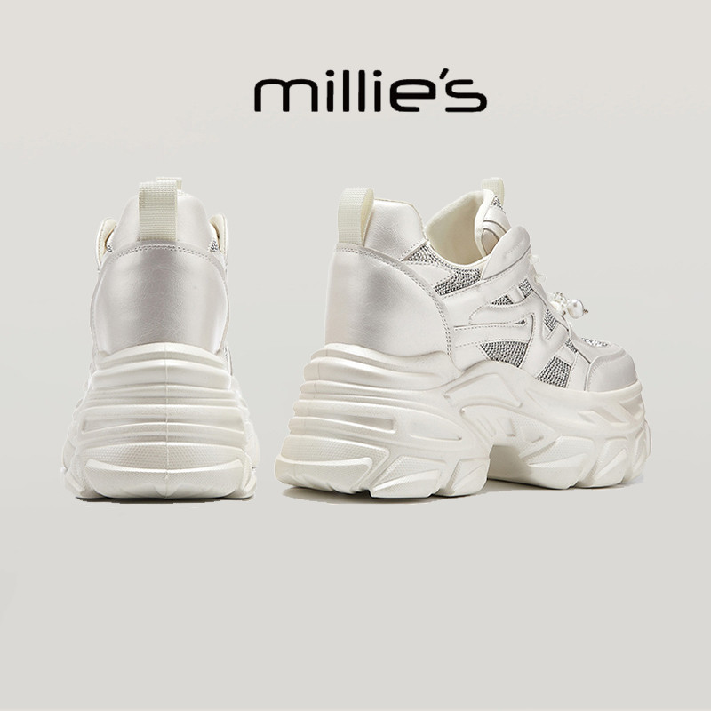 MILLIE'S/妙丽厚底老爹鞋女白色内增高珍珠鞋带透气休闲鞋小个子