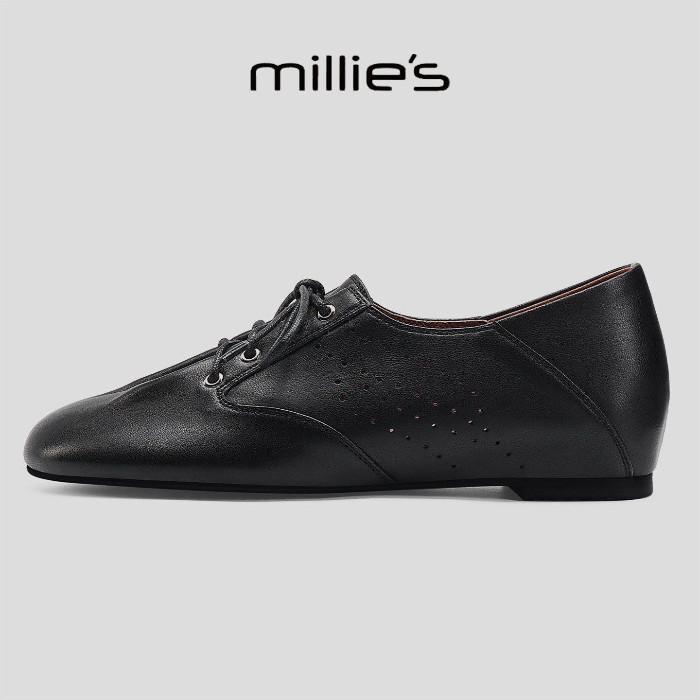 MILLIE'S/妙丽英伦风系带春季单鞋女黑色真皮平底百搭通勤休闲鞋