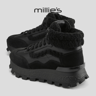MILLIE'S/妙丽2025冬季新款加绒加厚保暖老爹鞋厚底增高毛毛女鞋