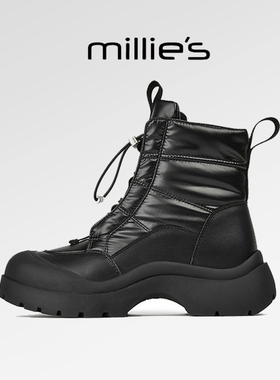 millies妙丽 休闲女靴酷炫学院风百搭纯色时尚黑色加绒雪地靴冬季