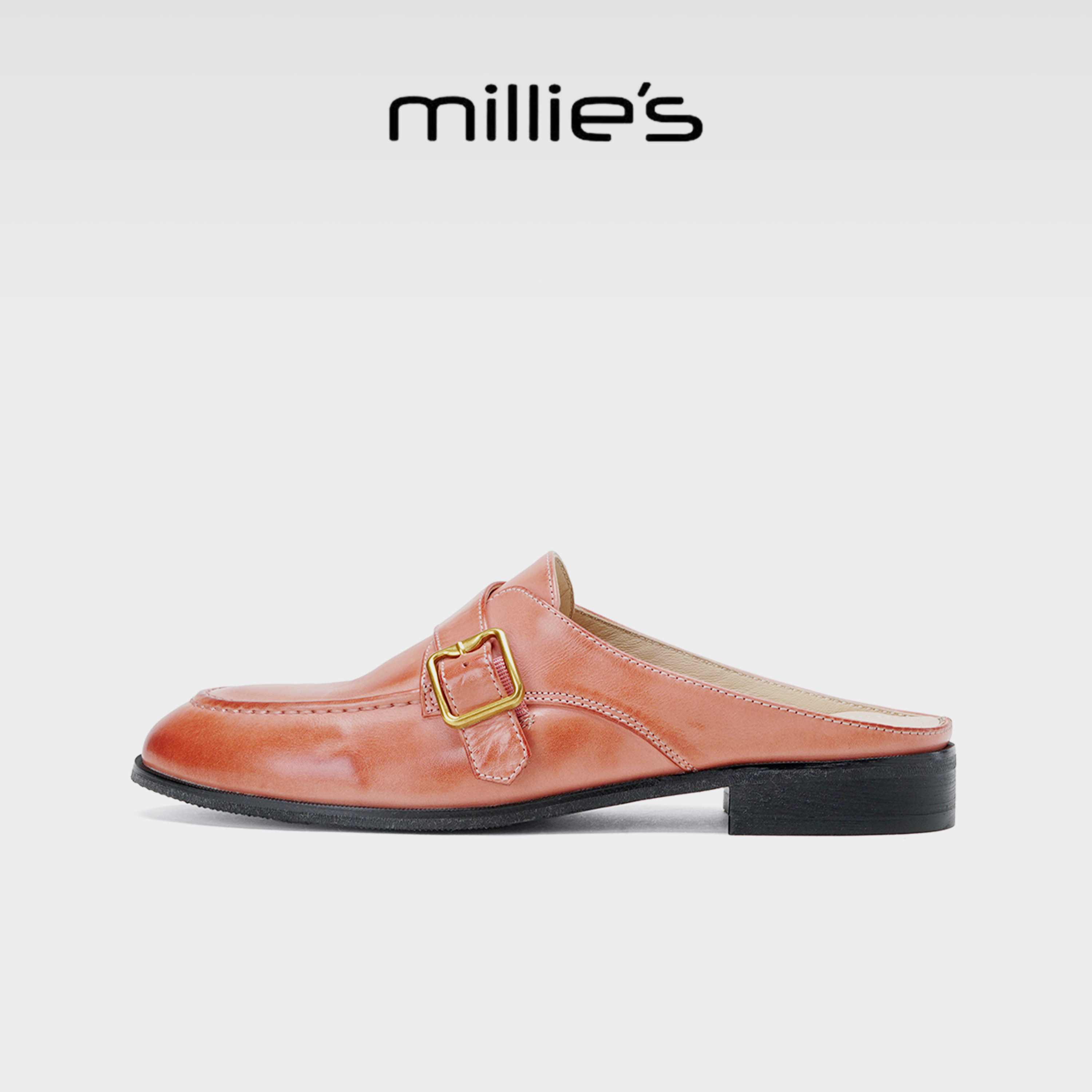 MILLIE'S/妙丽真皮包头半拖鞋女夏穆勒鞋金属扣乐福鞋软底懒人鞋G