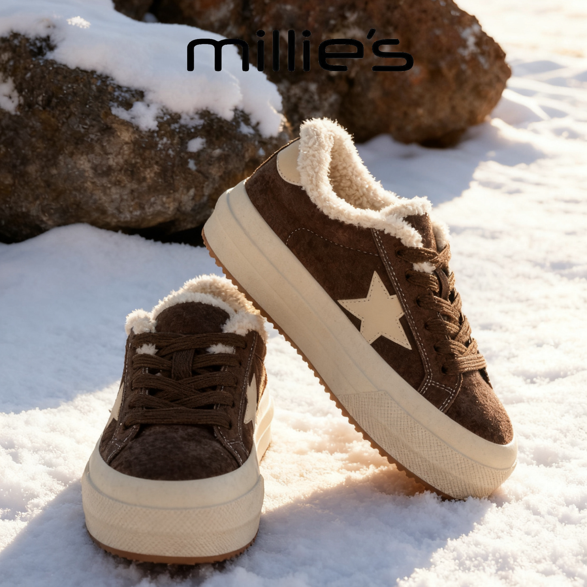 MILLIE'S/妙丽冬季加绒保暖休闲女鞋厚底增高系带星星巨好看板鞋