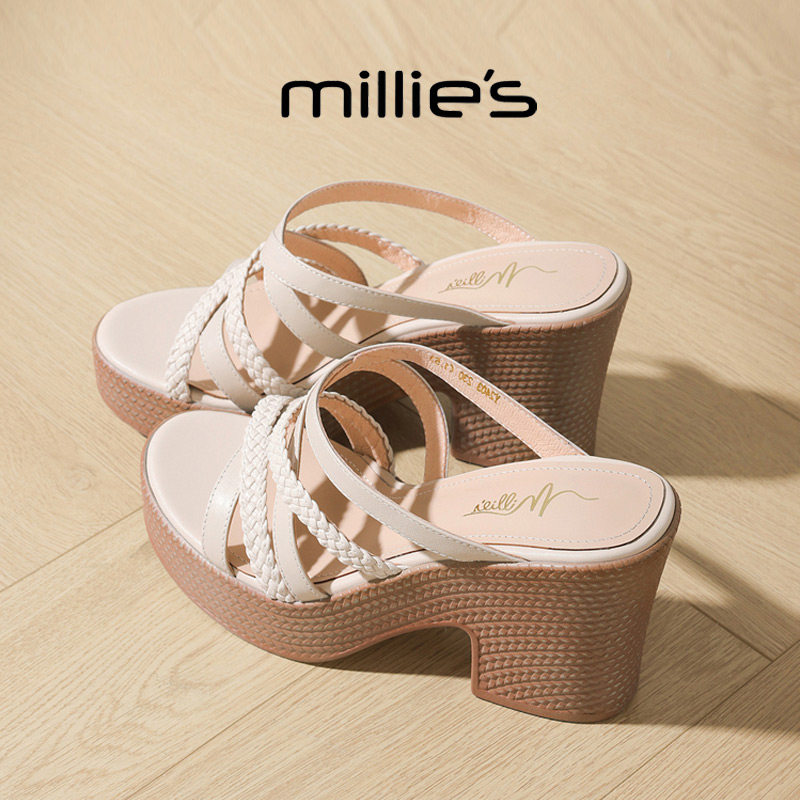 MILLIE'S/妙丽编织交叉带粗跟防水台高跟鞋时尚百搭露趾凉鞋女鞋