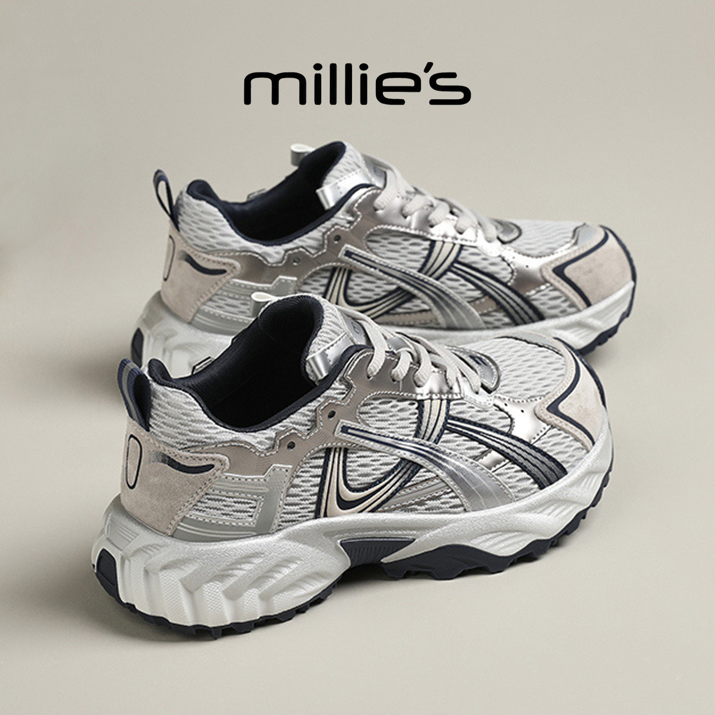 MILLIE'S/妙丽银色厚底德训鞋女运动风软底不累脚休闲老爹鞋新款