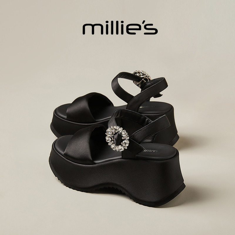 MILLIES/露趾厚底银色金属扣饰别致休闲懒人舒适一字带时尚凉鞋女