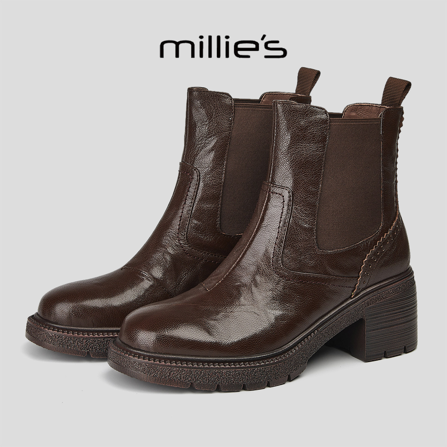 MILLIE'S/妙丽2025新款圆头厚底欧美风设计感羊皮加绒流行马丁靴