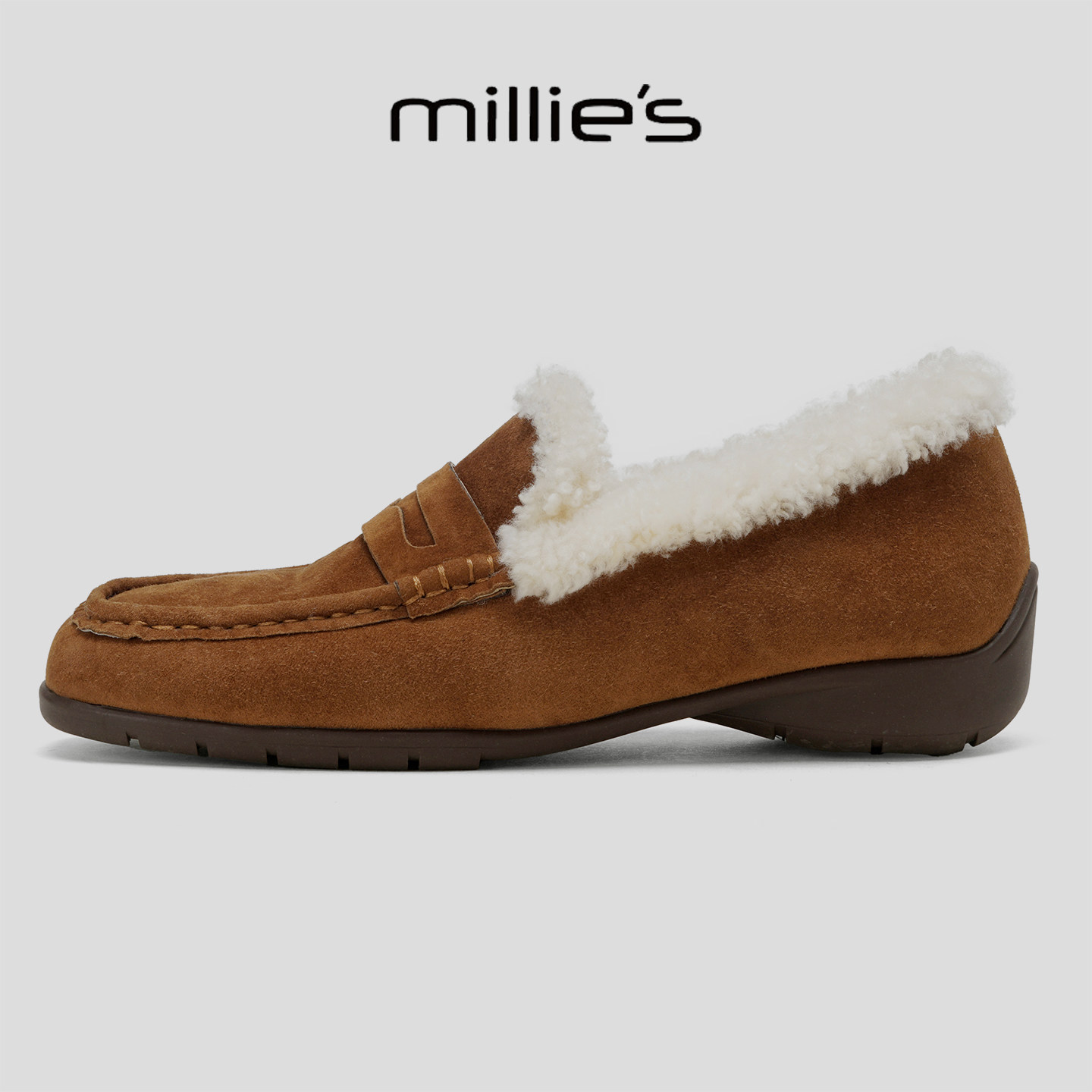 MILLIE'S/妙丽新款加绒保暖毛茸茸乐福鞋英伦风一脚蹬休闲懒人鞋