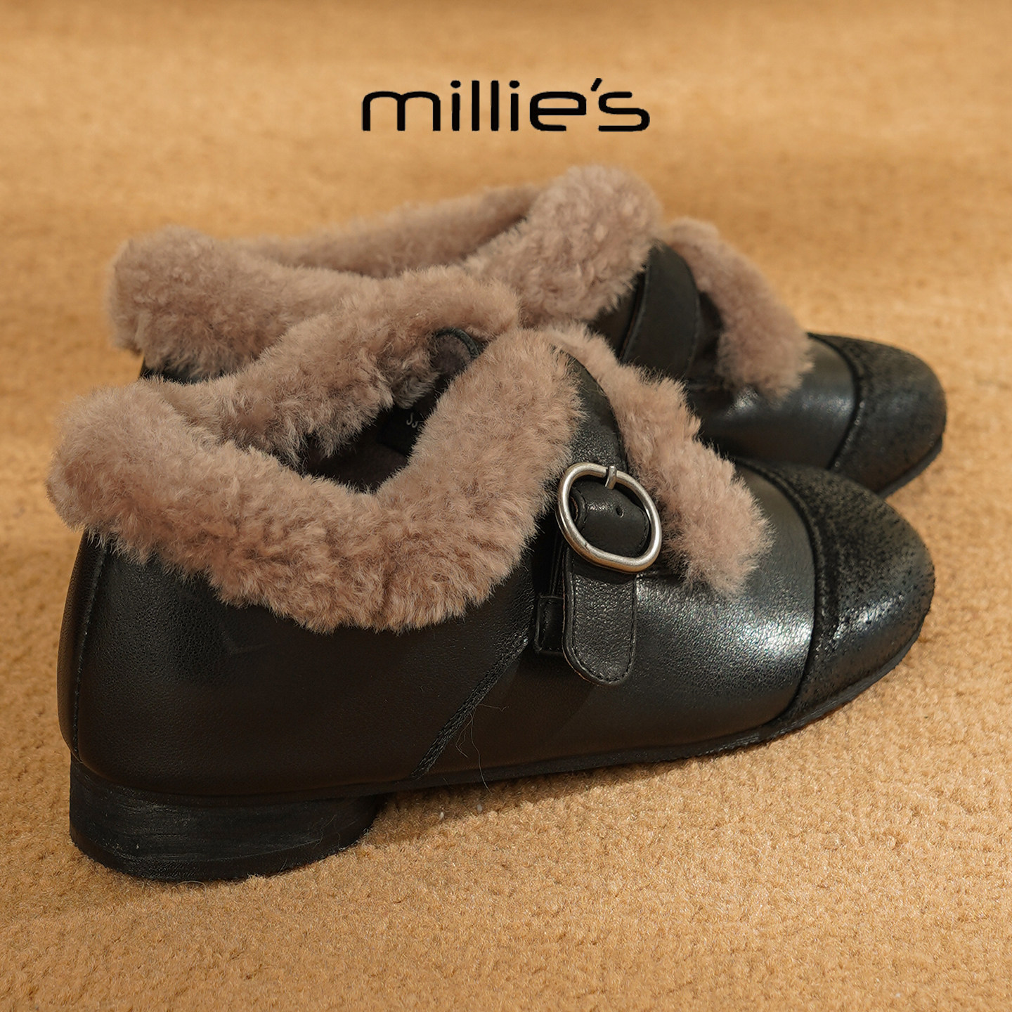 MILLIE'S/妙丽加绒勃肯鞋女皮带扣毛毛鞋保暖真皮棉鞋时尚休闲鞋