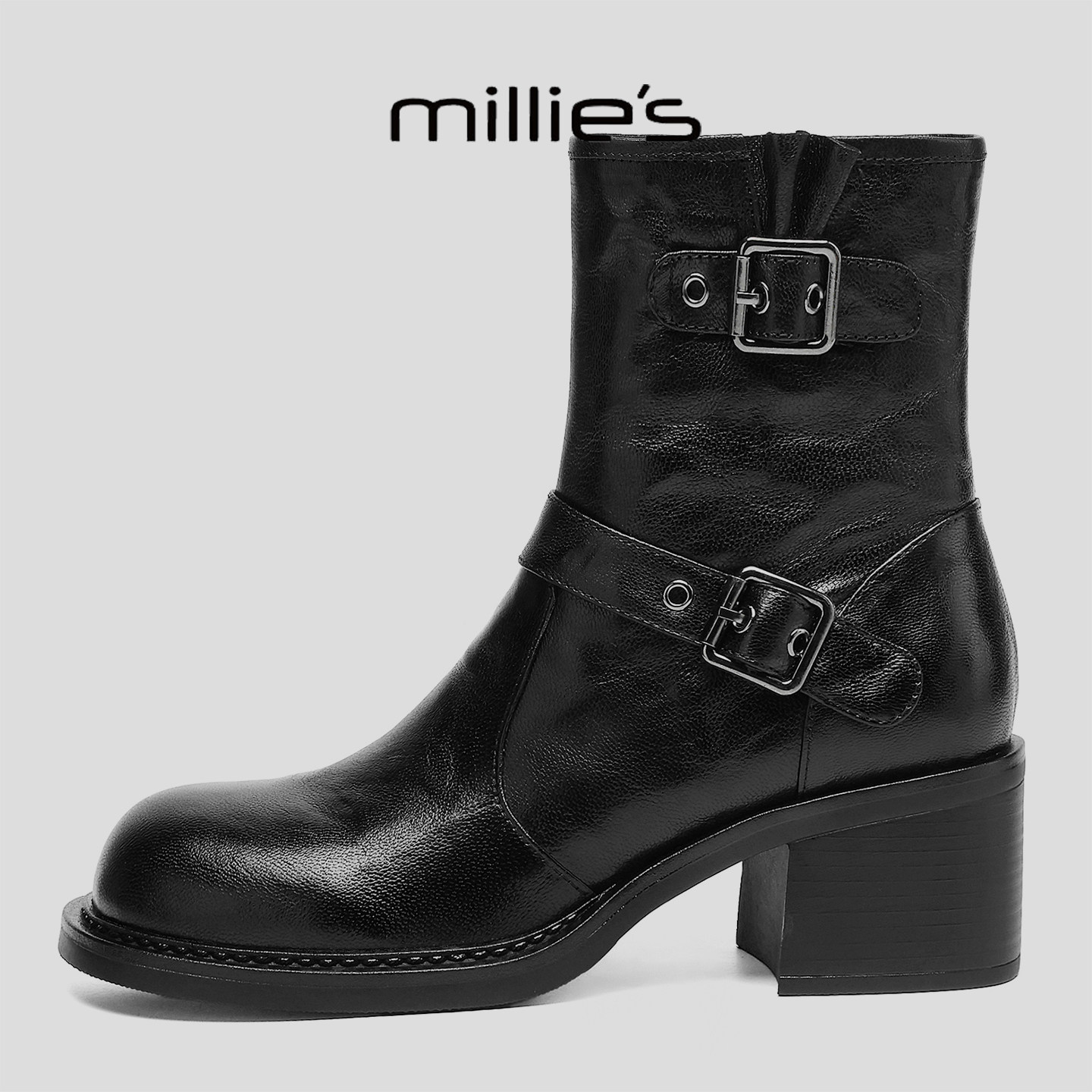 MILLIE'S/妙丽真皮黑色皮带扣粗跟短靴子女英伦风切尔西靴机车靴