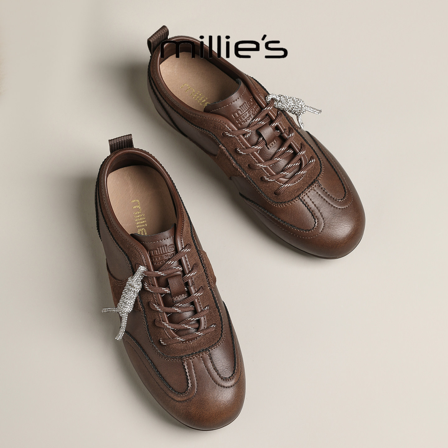 MILLIE'S/妙丽2026年超火的鞋子 复古风女鞋内增高休闲鞋德训鞋