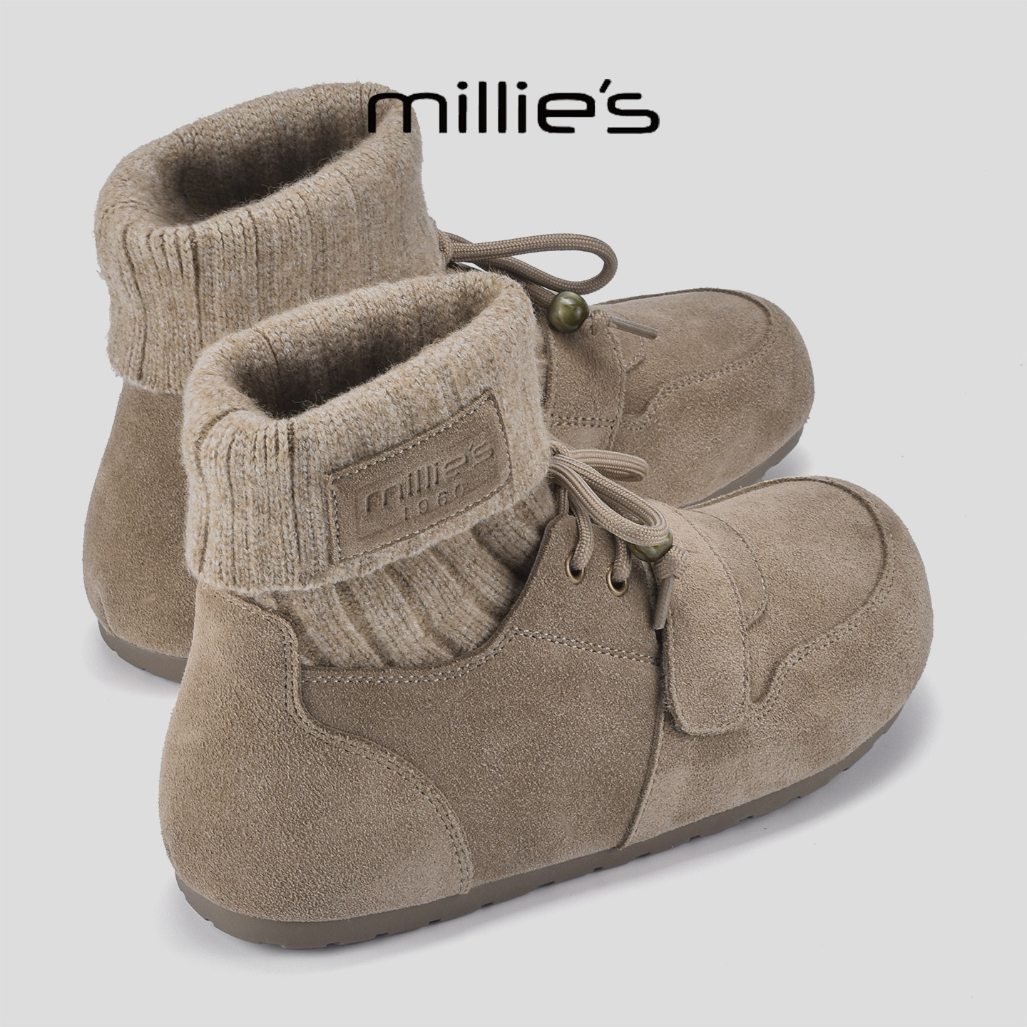 MILLIE'S/妙丽2026新款加绒袜子靴巨保暖系带内增高百搭博肯短靴