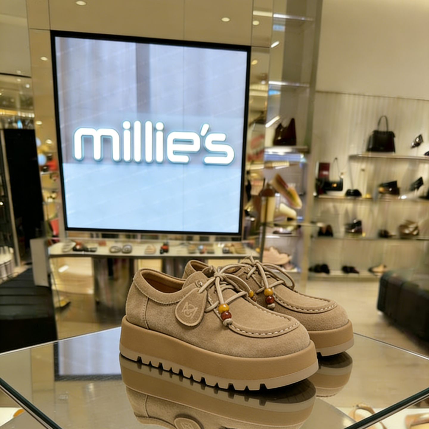 MILLIE'S/妙丽专柜款休闲风厚底乐福鞋女卡其色袋鼠鞋系带博肯鞋