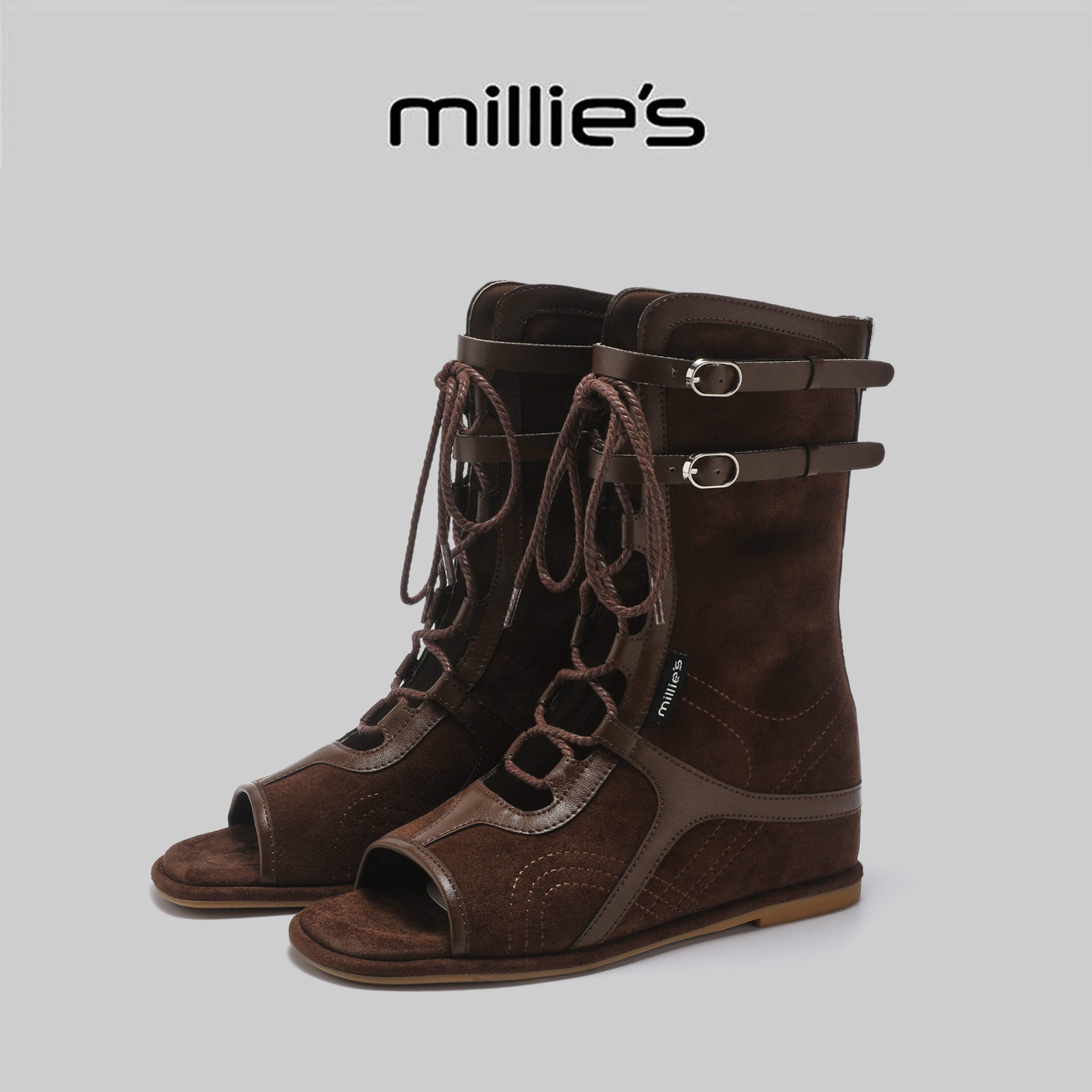 MILLIE'S/妙丽2026罗马风系带绑带凉靴女夏季坡跟高帮鱼嘴休闲鞋