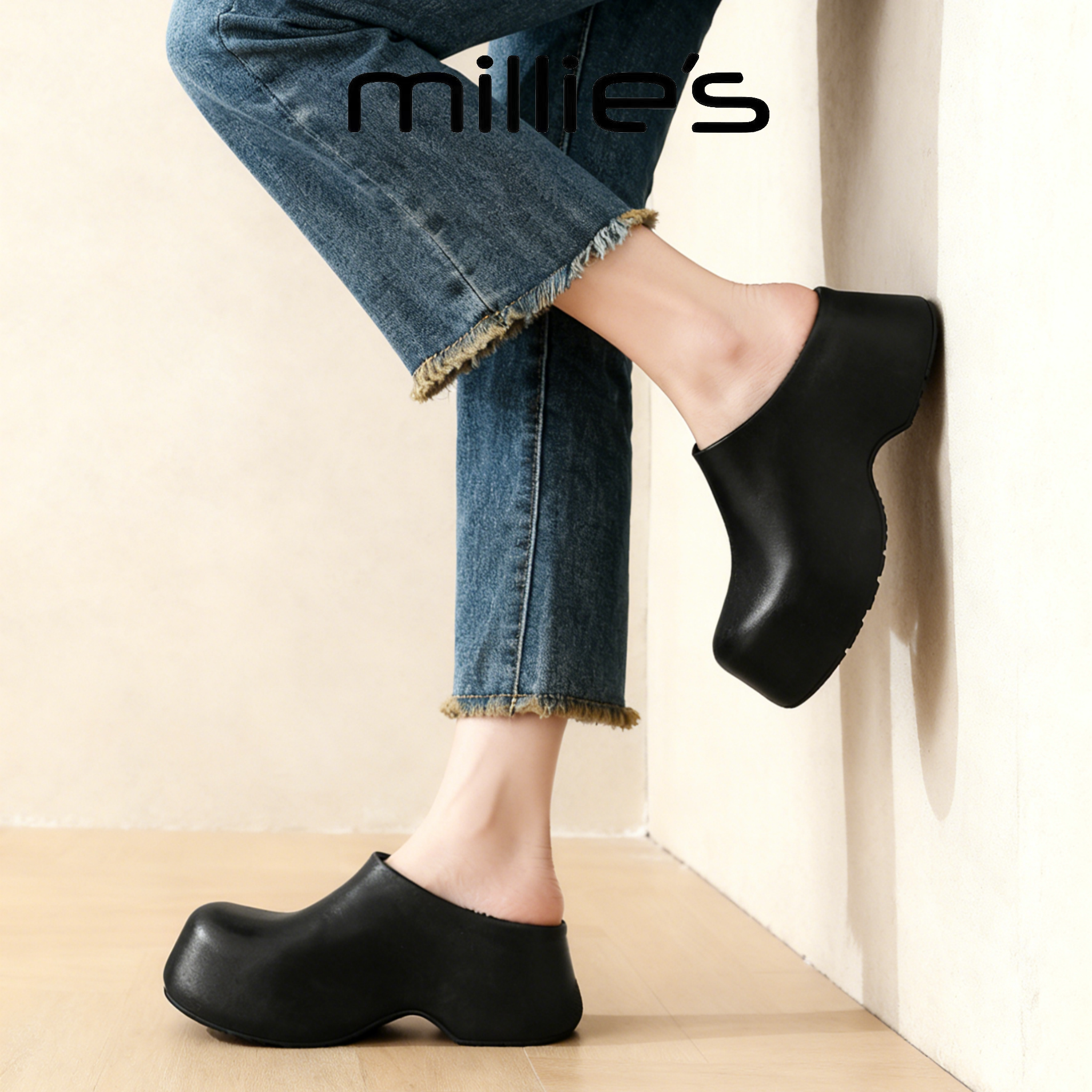 MILLIE'S/妙丽冬季加绒包头拖鞋女鞋黑色厚底一脚蹬保暖勃肯鞋