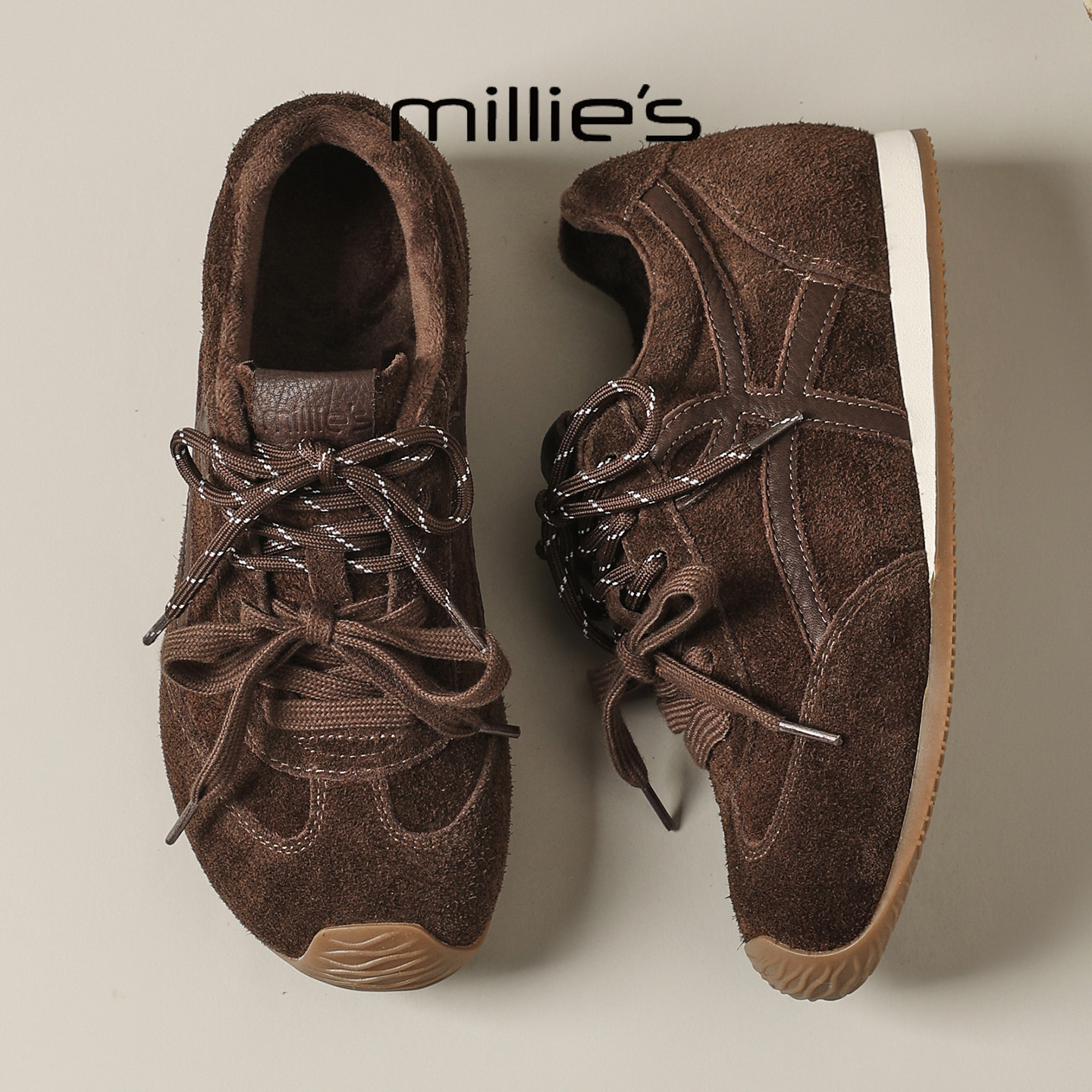 MILLIE'S/妙丽复古翻毛皮阿甘鞋女平底交叉系带工装鞋百搭休闲鞋